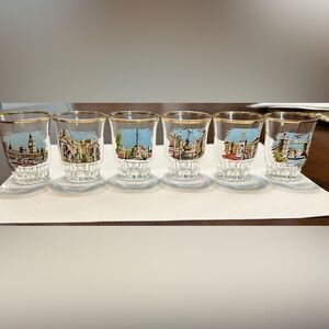 Set of 6 London Landmark shot glasses with gold rims vintage
